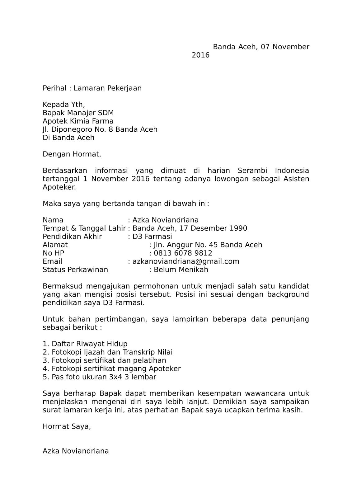 Contoh Surat Lamaran Kerja Di Bank Via Email Get Contoh Surat Lamaran Kerja Di Apotek Update - Hutomo